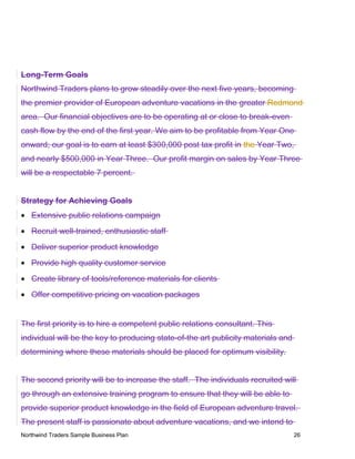 Long-Term Goals
Northwind Traders plans to grow steadily over the next five years, becoming
the premier provider of European adventure vacations in the greater Redmond
area. Our financial objectives are to be operating at or close to break-even
cash flow by the end of the first year. We aim to be profitable from Year One
onward; our goal is to earn at least $300,000 post tax profit in the Year Two,
and nearly $500,000 in Year Three. Our profit margin on sales by Year Three
will be a respectable 7 percent.
Strategy for Achieving Goals
• Extensive public relations campaign
• Recruit well-trained, enthusiastic staff
• Deliver superior product knowledge
• Provide high quality customer service
• Create library of tools/reference materials for clients
• Offer competitive pricing on vacation packages
The first priority is to hire a competent public relations consultant. This
individual will be the key to producing state-of-the art publicity materials and
determining where these materials should be placed for optimum visibility.
The second priority will be to increase the staff. The individuals recruited will
go through an extensive training program to ensure that they will be able to
provide superior product knowledge in the field of European adventure travel.
The present staff is passionate about adventure vacations, and we intend to
Northwind Traders Sample Business Plan 26
 