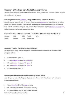 Summary of Findings from Market Research Survey
Three hundred clients of Northwind Traders who had made purchases in excess of $350 in the past
six months were surveyed.
Percentage of Sample Customers Taking and Not Taking Adventure Vacations
According to our research, only 20 percent of our sample customers had never taken or considered
taking an adventure vacation. Thirty percent, while they had not yet taken such a vacation, had at
least actively considered doing so. Fifty percent of our sample are regular adventure travelersusers,
taking at least one adventure vacation each year.
Information About 150 Respondents Who Took At Least One travel Vacation Per Year
Gender: Male 65% Female 35%
Status: Married 21% Single 79%
Adventure Vacation Travelers, by Age and Percent
According to our study, the percentages of adventure vacation travelers in fall into various age
groups as follows:
• 5% are under the age of 16
• 25% are between the ages of 16 toand 24
• 40% are between the ages of 25 toand 35
• 20% are between the ages of 36 toand 45
• 10% are over the age of 45
Percentage of Adventure Vacation Travelers by Income Group
According to our research, the percentages of adventure vacation travelers in various income
brackets are as follows:
• 6% earn less than $16,700 or less annually
• 22% earn between $16,701 and $25,050 annually
• 28% earn between $25,051 and $33,400 annually
Northwind Traders Sample Business Plan 39
 