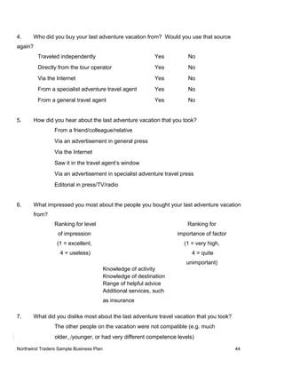 4. Who did you buy your last adventure vacation from? Would you use that source
again?
Traveled independently Yes No
Directly from the tour operator Yes No
Via the Internet Yes No
From a specialist adventure travel agent Yes No
From a general travel agent Yes No
5. How did you hear about the last adventure vacation that you took?
From a friend/colleague/relative
Via an advertisement in general press
Via the Internet
Saw it in the travel agent’s window
Via an advertisement in specialist adventure travel press
Editorial in press/TV/radio
6. What impressed you most about the people you bought your last adventure vacation
from?
Ranking for level
of impression
(1 = excellent,
4 = useless)
Ranking for
importance of factor
(1 = very high,
4 = quite
unimportant)
Knowledge of activity
Knowledge of destination
Range of helpful advice
Additional services, such
as insurance
7. What did you dislike most about the last adventure travel vacation that you took?
The other people on the vacation were not compatible (e.g. much
older, /younger, or had very different competence levels)
Northwind Traders Sample Business Plan 44
 