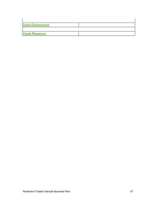 Debt Retirement:
Cash Reserve:
Northwind Traders Sample Business Plan 57
 