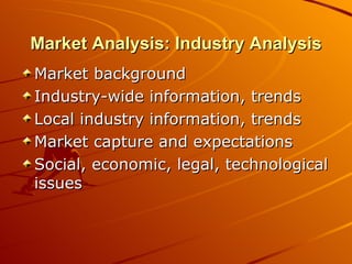 Market Analysis: Industry Analysis Market background Industry-wide information, trends Local industry information, trends Market capture and expectations  Social, economic, legal, technological issues 