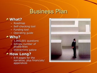 Business Plan What? Roadmap Self-checking tool Funding tool Operating guide Why? 1,000,001 questions Infinite number of possibilities Distractions galore How Long? 6-9 pages for the narrative, plus financials/ appendices 