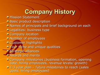 CCoommppaannyy HHiissttoorryy 
MMiissssiioonn SSttaatteemmeenntt 
BBaassiicc pprroodduucctt ddeessccrriippttiioonn 
NNaammeess ooff pprriinncciippaallss aanndd bbrriieeff bbaacckkggrroouunndd oonn eeaacchh 
LLeeggaalliittiieess:: bbuussiinneessss ttyyppee 
CCoommppaannyy llooccaattiioonn 
NNuummbbeerr ooff eemmppllooyyeeeess 
CCuussttoommeerr hhiigghhlliigghhttss 
YYoouurr nniicchhee aanndd uunniiqquuee qquuaalliittiieess 
SSttrraatteeggiicc aalllliiaanncceess 
AAwwaarrddss aanndd mmeerriittss 
CCoommppaannyy mmiilleessttoonneess ((bbuussiinneessss ffoorrmmaattiioonn,, ooppeenniinngg 
ddaattee,, hhiirriinngg eemmppllooyyeeeess,, rreevveennuuee lleevveellss// ggrroowwtthh)) 
11--33 yyeeaarr ppllaann –– ffuuttuurree mmiilleessttoonneess ttoo rreeaacchh ((ssaalleess 
ggooaallss,, hhiirriinngg eemmppllooyyeeeess)) 
 