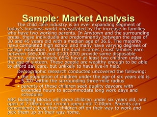 SSaammppllee:: MMaarrkkeett AAnnaallyyssiiss TThhee cchhiilldd ccaarree iinndduussttrryy iiss aann eevveerr eexxppaannddiinngg sseeggmmeenntt ooff 
ttooddaayy’’ss bbuussiinneessss wwoorrlldd nneecceessssiittaatteedd bbyy tthhee iinnccrreeaassee iinn ffaammiilliieess 
wwhhoo hhaavvee ttwwoo wwoorrkkiinngg ppaarreennttss.. IInn AAnnyyttoowwnn aanndd tthhee ssuurrrroouunnddiinngg 
aarreeaass,, tthheessee iinnddiivviidduuaallss aarree pprreeddoommiinnaannttllyy bbeettwweeeenn tthhee aaggeess ooff 
3300 aanndd 4455 yyeeaarrss oolldd wwiitthh aa mmeeddiiaann aaggee ooff 3366..66.. TThhee mmaajjoorriittyy 
hhaavvee ccoommpplleetteedd hhiigghh sscchhooooll aanndd mmaannyy hhaavvee vvaarryyiinngg ddeeggrreeeess ooff 
ccoolllleeggee eedduuccaattiioonn.. WWhhiillee tthhee dduuaall iinnccoommeess ((mmoosstt ffaammiilliieess eeaarrnn 
bbeettwweeeenn $$6655,,000000 aanndd $$110000,,000000)) pprroovviiddee ssoommee ddiissppoossaabbllee 
iinnccoommee,, aapppprrooxxiimmaatteellyy 6655%% hhaavvee aatt lleeaasstt ttwwoo cchhiillddrreenn uunnddeerr 
tthhee aaggee ooff ssiixxtteeeenn.. TThheessee ppeeooppllee aarree wweeaalltthhyy eennoouugghh ttoo bbee aabbllee 
ttoo aaffffoorrdd ddaayy ccaarree,, bbuutt uunnlliikkeellyy ttoo hhaavvee lliivvee-iinn hheellpp.. 
DDeemmooggrraapphhiicc rreesseeaarrcchh ccoonndduucctteedd uunnccoovveerreedd tthhee ffoolllloowwiinngg:: 
• tthhee ppooppuullaattiioonn ooff cchhiillddrreenn uunnddeerr tthhee aaggee ooff ssiixx yyeeaarrss oolldd iiss 
55,,330077 wwiitthhiinn tthhee ssuurrrroouunnddiinngg tthhrreeee-mmiillee rraaddiiuuss 
• ppaarreennttss ooff tthheessee cchhiillddrreenn sseeeekk qquuaalliittyy ddaayyccaarree wwiitthh 
eexxtteennddeedd hhoouurrss ttoo aaccccoommmmooddaattee lloonngg wwoorrkk ddaayyss aanndd 
sscchheedduulleess 
AABBCC BBuuiillddiinngg BBlloocckkss wwiillll sseerrvvee cchhiillddrreenn uunnddeerr ssiixx yyeeaarrss oolldd,, aanndd 
ooppeenn aatt 77::0000aamm aanndd rreemmaaiinn ooppeenn uunnttiill 77::0000ppmm.. PPaarreennttss ccaann 
ccoonnvveenniieennttllyy ddrroopp tthheeiirr cchhiillddrreenn ooffff oonn tthheeiirr wwaayy ttoo wwoorrkk aanndd 
ppiicckk tthheemm uupp oonn tthheeiirr wwaayy hhoommee.. 
 
