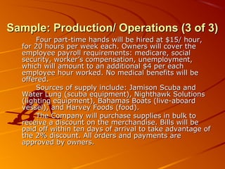 SSaammppllee:: PPrroodduuccttiioonn// OOppeerraattiioonnss ((33 ooff 33)) 
FFoouurr ppaarrtt--ttiimmee hhaannddss wwiillll bbee hhiirreedd aatt $$1155// hhoouurr,, 
ffoorr 2200 hhoouurrss ppeerr wweeeekk eeaacchh.. OOwwnneerrss wwiillll ccoovveerr tthhee 
eemmppllooyyeeee ppaayyrroollll rreeqquuiirreemmeennttss:: mmeeddiiccaarree,, ssoocciiaall 
sseeccuurriittyy,, wwoorrkkeerr’’ss ccoommppeennssaattiioonn,, uunneemmppllooyymmeenntt,, 
wwhhiicchh wwiillll aammoouunntt ttoo aann aaddddiittiioonnaall $$44 ppeerr eeaacchh 
eemmppllooyyeeee hhoouurr wwoorrkkeedd.. NNoo mmeeddiiccaall bbeenneeffiittss wwiillll bbee 
ooffffeerreedd.. 
SSoouurrcceess ooff ssuuppppllyy iinncclluuddee:: JJaammiissoonn SSccuubbaa aanndd 
WWaatteerr LLuunngg ((ssccuubbaa eeqquuiippmmeenntt)),, NNiigghhtthhaawwkk SSoolluuttiioonnss 
((lliigghhttiinngg eeqquuiippmmeenntt)),, BBaahhaammaass BBooaattss ((lliivvee--aabbooaarrdd 
vveesssseell)),, aanndd HHaarrvveeyy FFooooddss ((ffoooodd)).. 
TThhee CCoommppaannyy wwiillll ppuurrcchhaassee ssuupppplliieess iinn bbuullkk ttoo 
rreecceeiivvee aa ddiissccoouunntt oonn tthhee mmeerrcchhaannddiissee.. BBiillllss wwiillll bbee 
ppaaiidd ooffff wwiitthhiinn tteenn ddaayyss ooff aarrrriivvaall ttoo ttaakkee aaddvvaannttaaggee ooff 
tthhee 22%% ddiissccoouunntt.. AAllll oorrddeerrss aanndd ppaayymmeennttss aarree 
aapppprroovveedd bbyy oowwnneerrss.. 
 