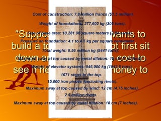 Cost of construction: 7.8 million francs ($1.5 million). 
Weight of foundations: 277,602 kg (306 tons). 
““SSuuppppoossee Size of base area: oonnee 10,281.96 ooff square yyoouu meters wwaannttss (2.54 acres). 
ttoo 
bbuuiilldd Pressure aa on ttoowweerr.. foundation: 4.1 WWiillll to 4.5 kg hhee per square nnoott centimeter 
ffiirrsstt ssiitt 
Total weight: 8.56 million kg (9441 tons). 
ddoowwnn Maximum sway aanndd at top caused eessttiimmaattee by metal dilation: tthhee 18 cm ccoosstt (7 inches). 
ttoo 
sseeee Weight iiff hhee of elevator hhaass systems: eennoouugghh 946,000 kg (mmoonneeyy 1042.8 tons). 
ttoo 
1671 steps to the top. 
ccoommpplleettee??”” 
15,000 iron pieces (excluding rivets). 
Maximum sway at top caused by wind: 12 cm (4.75 inches). 
2.5 million rivets. 
Maximum sway at top caused by metal dilation: 18 cm (7 inches). 
40 tons of paint. 
 
