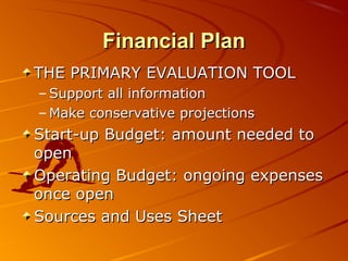 FFiinnaanncciiaall PPllaann 
TTHHEE PPRRIIMMAARRYY EEVVAALLUUAATTIIOONN TTOOOOLL 
–SSuuppppoorrtt aallll iinnffoorrmmaattiioonn 
–MMaakkee ccoonnsseerrvvaattiivvee pprroojjeeccttiioonnss 
SSttaarrtt--uupp BBuuddggeett:: aammoouunntt nneeeeddeedd ttoo 
ooppeenn 
OOppeerraattiinngg BBuuddggeett:: oonnggooiinngg eexxppeennsseess 
oonnccee ooppeenn 
SSoouurrcceess aanndd UUsseess SShheeeett 
 
