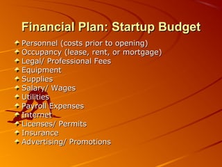 Financial PPllaann:: SSttaarrttuupp BBuuddggeett 
PPeerrssoonnnneell ((ccoossttss pprriioorr ttoo ooppeenniinngg)) 
OOccccuuppaannccyy ((lleeaassee,, rreenntt,, oorr mmoorrttggaaggee)) 
LLeeggaall// PPrrooffeessssiioonnaall FFeeeess 
EEqquuiippmmeenntt 
SSuupppplliieess 
SSaallaarryy// WWaaggeess 
UUttiilliittiieess 
PPaayyrroollll EExxppeennsseess 
IInntteerrnneett 
LLiicceennsseess// PPeerrmmiittss 
IInnssuurraannccee 
AAddvveerrttiissiinngg// PPrroommoottiioonnss 
 