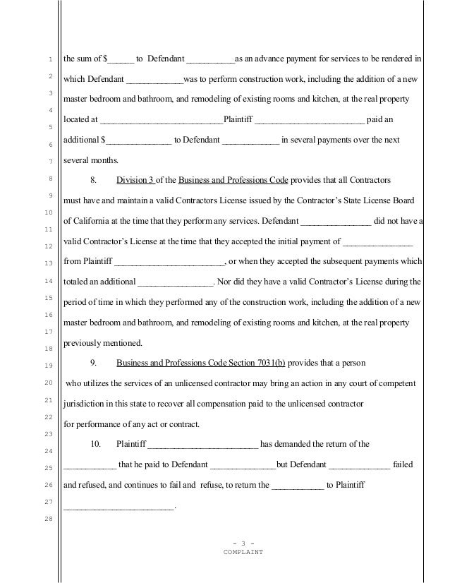 Sample California Complaint For Fraud Against Unlicensed