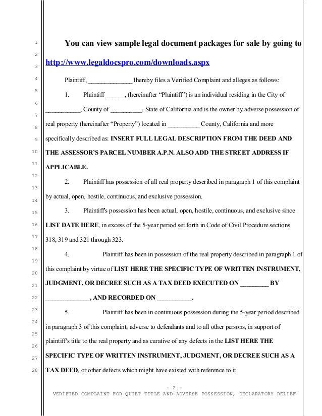 Sample California complaint for quiet title and adverse ...