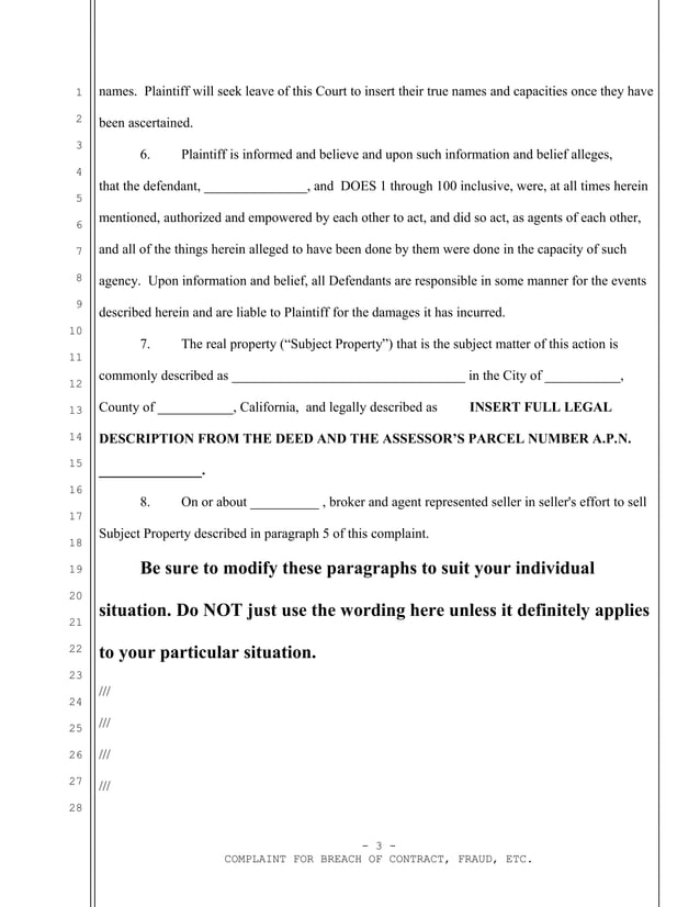 Sample california complaint for real estate fraud against seller