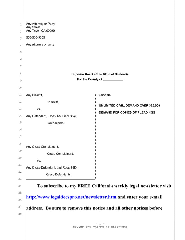 Demand For Initial Disclosures California Sample Sample california demand for copies of pleadings | PDF