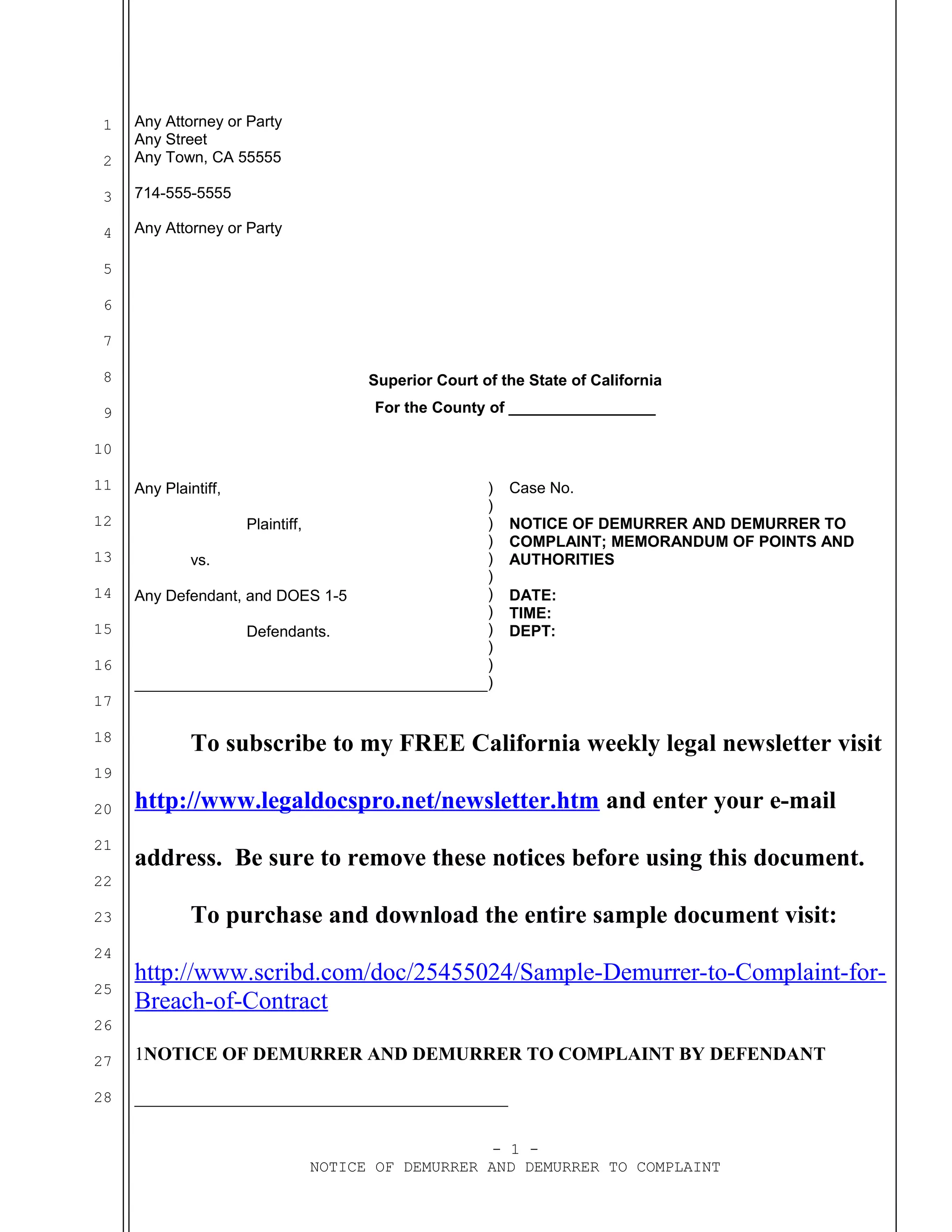 Sample California demurrer to complaint for breach of contract PDF