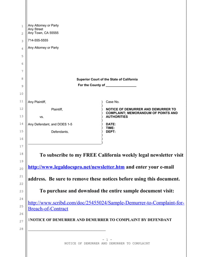 Sample california demurrer to complaint for breach of contract pdf