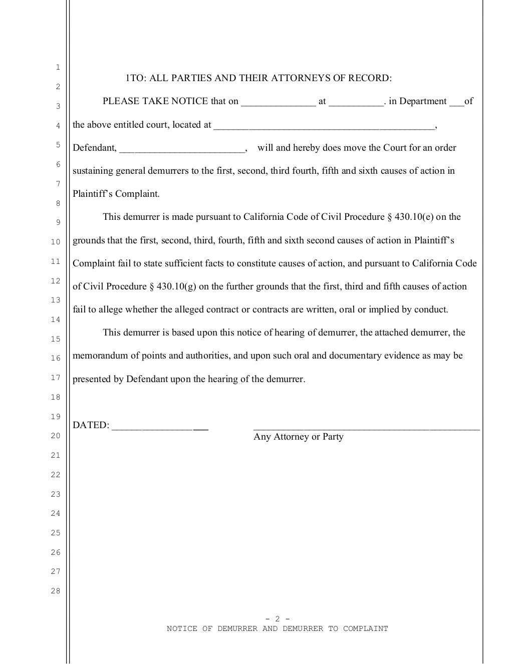 Sample California demurrer to complaint for breach of contract