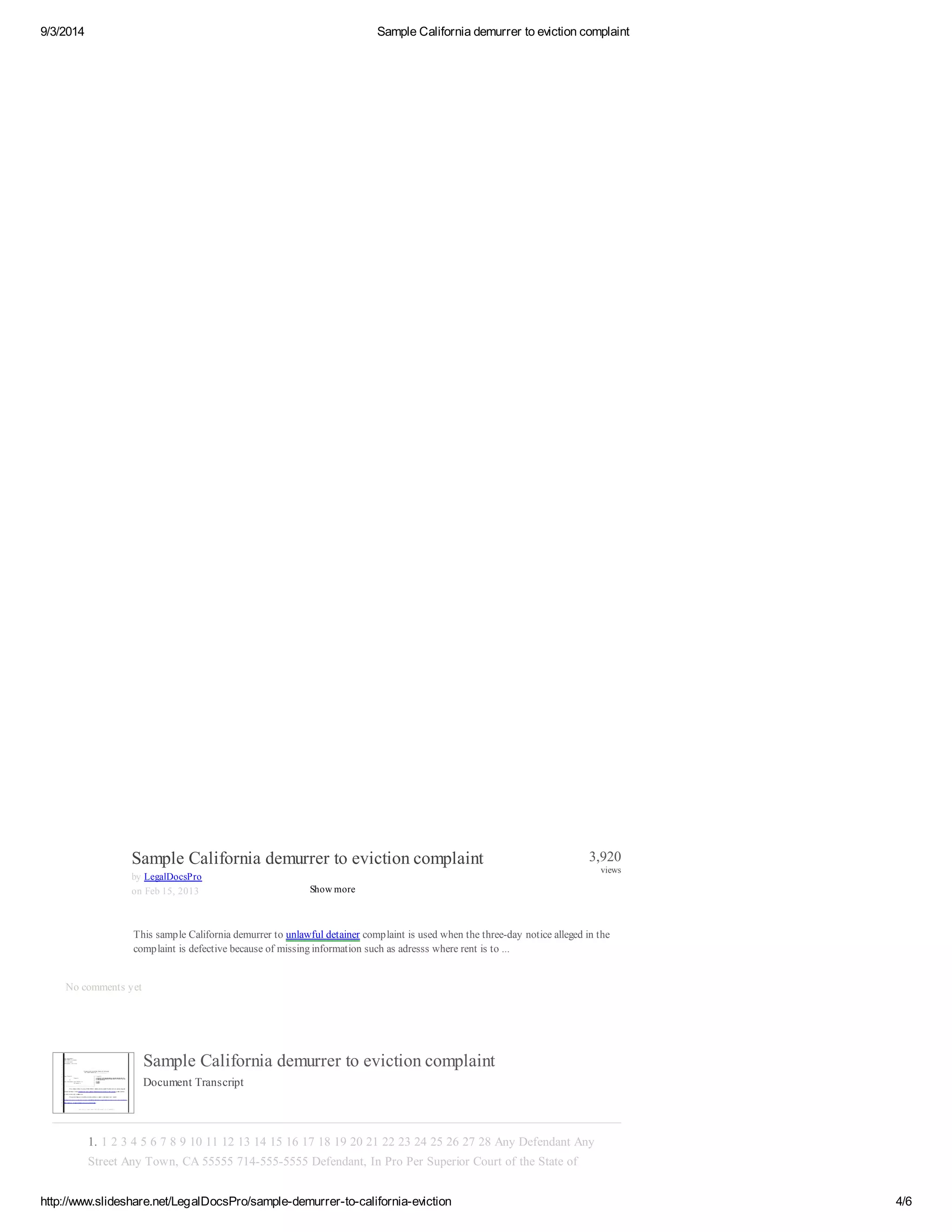 Sample california demurrer to eviction complaint | PDF