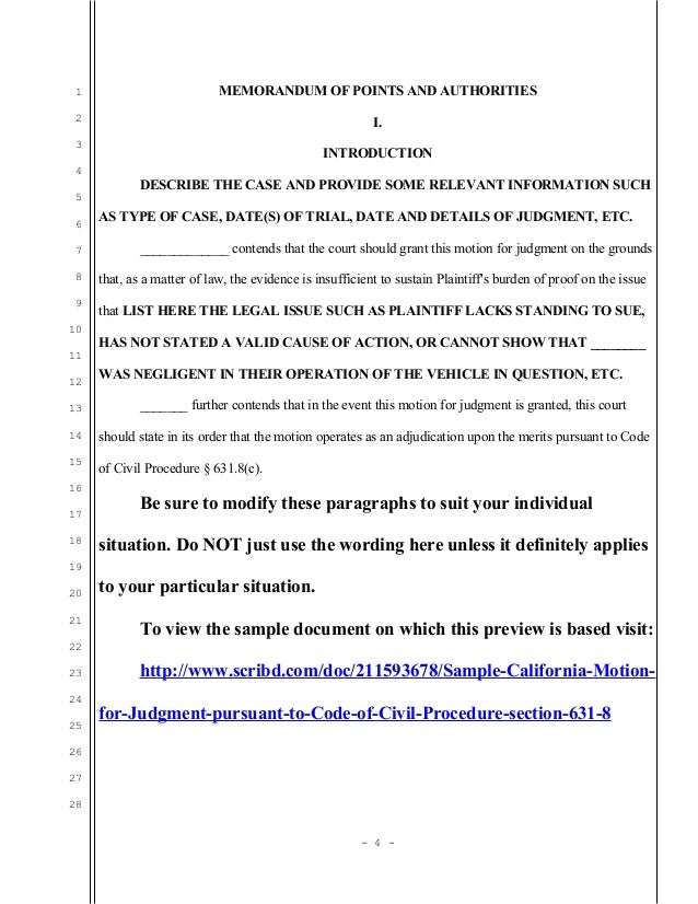 Sample california motion for judgment under code of civil procedure s 