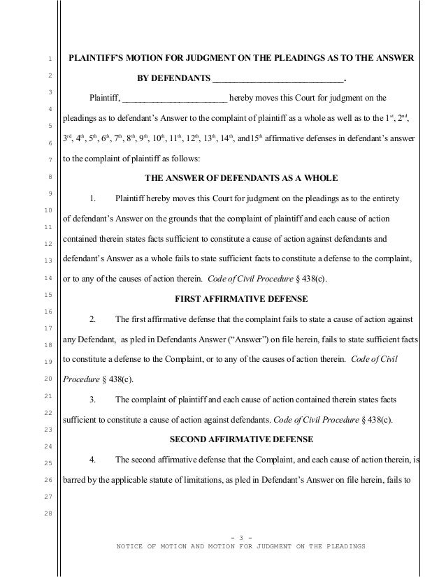 Sample California motion for judgment on the pleadings for plaintiff