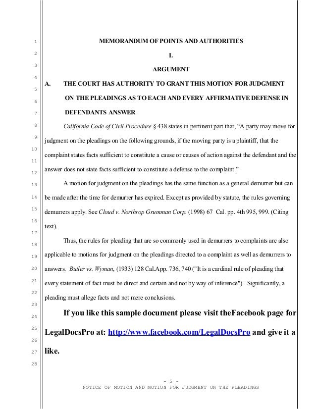 Sample California motion for judgment on the pleadings for plaintiff