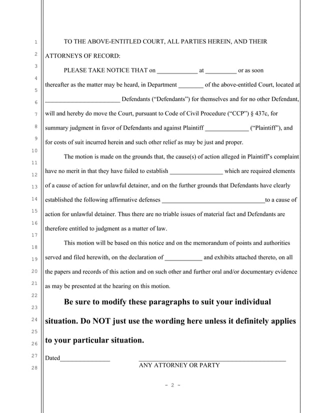Sample California motion for summary judgment in unlawful detainer