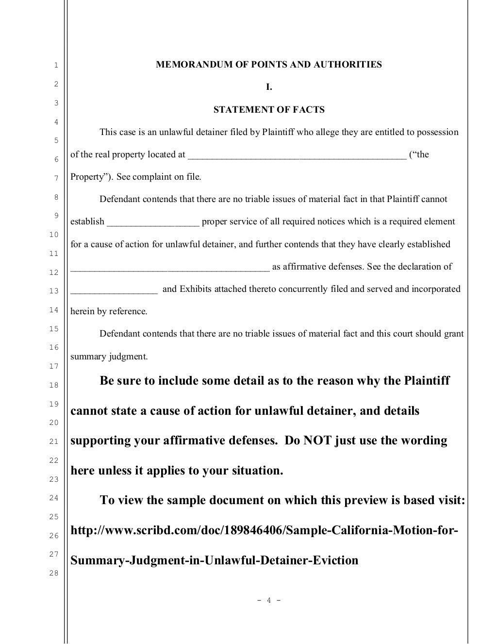 Sample California motion for summary judgment in unlawful detainer (e…