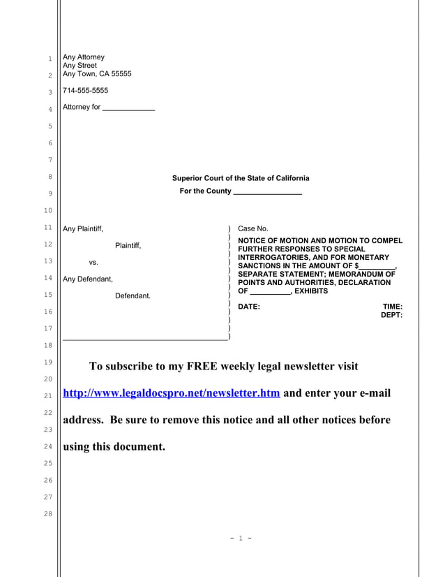 Sample California motion to compel further responses to special