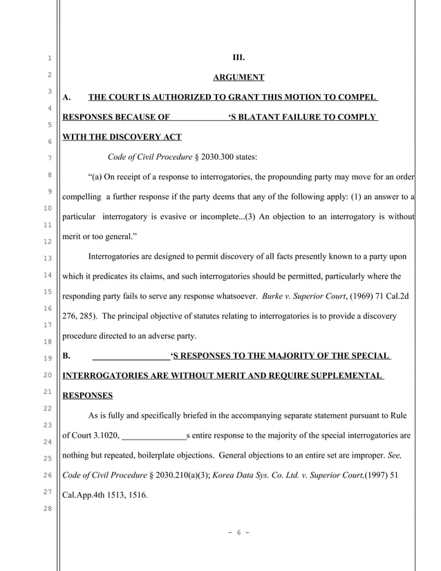 Sample california motion to compel further responses to special
