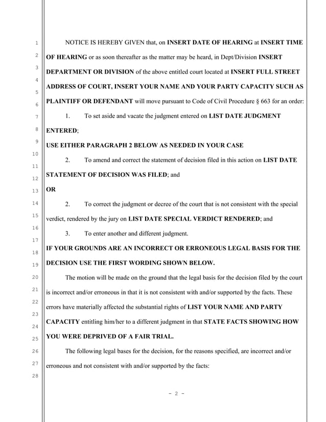 Sample california motion to vacate judgment and enter different