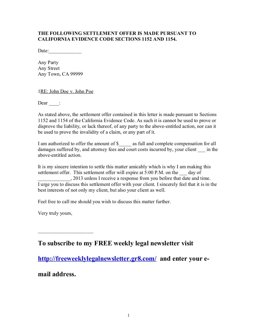 Sample California Settlement Offer Letter