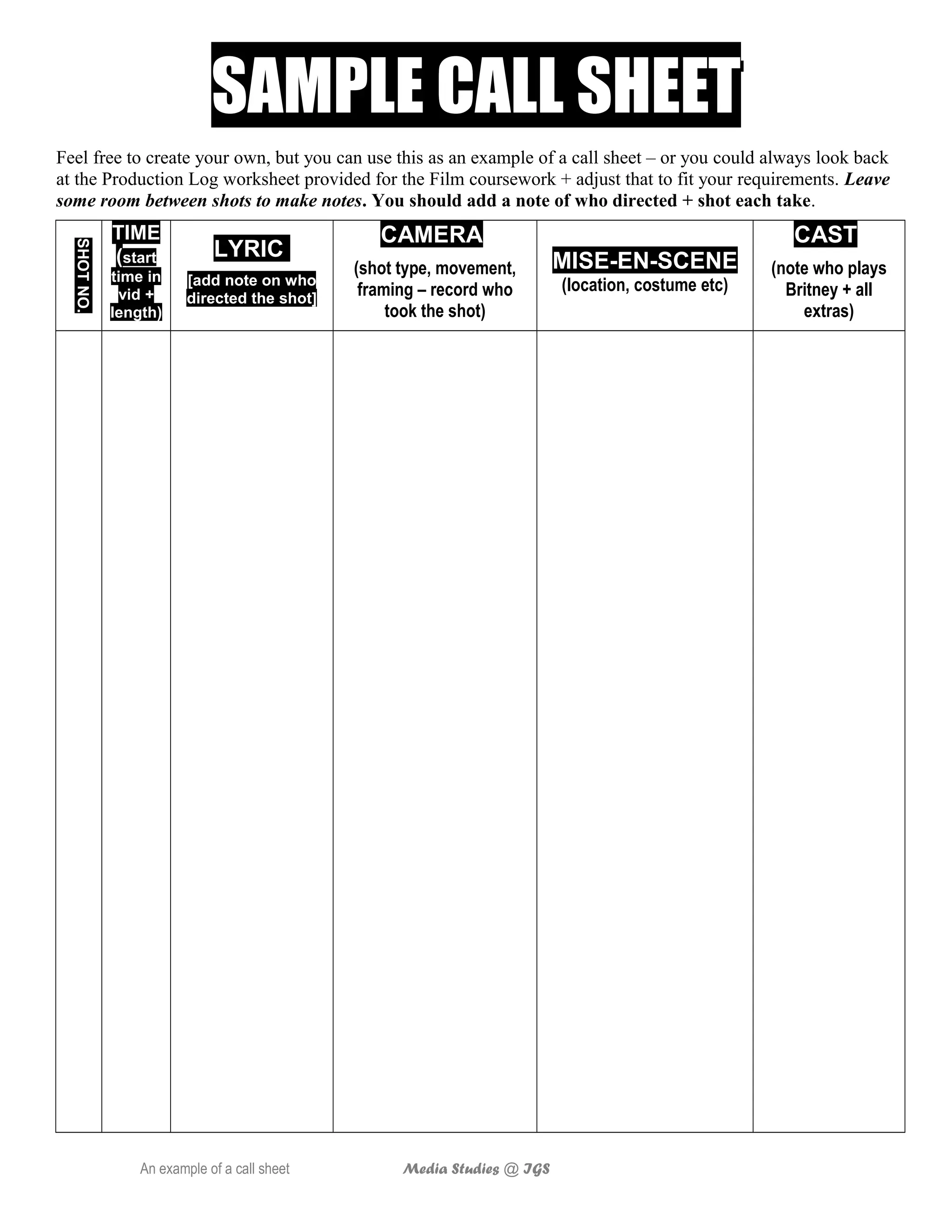 Sample music video call sheet PDF