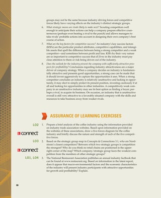 66
groups may not be the same because industry driving forces and competitive
forces likely have varying effects on the industry’s distinct strategic groups.
6. What strategic moves are rivals likely to make next? Scouting competitors well
enough to anticipate their actions can help a company prepare effective coun-
termoves (perhaps even beating a rival to the punch) and allows managers to
take rivals’ probable actions into account in designing their own company’s best
course of action.
7. What are the key factors for competitive success? An industry’s key success factors
(KSFs) are the particular product attributes, competitive capabilities, and intangi-
ble assets that spell the difference between being a strong competitor and a weak
competitor—and sometimes between profit and loss. KSFs by their very nature
are so important to competitive success that all firms in the industry must pay
close attention to them or risk being driven out of the industry.
8. Does the outlook for the industry present the company with sufficiently attractive pros-
pects for profitability? Conclusions regarding industry attractiveness are a major
driver of company strategy. When a company decides an industry is fundamen-
tally attractive and presents good opportunities, a strong case can be made that
it should invest aggressively to capture the opportunities it sees. When a strong
competitor concludes an industry is relatively unattractive and lacking in oppor-
tunity, it may elect to simply protect its present position, investing cautiously if at
all and looking for opportunities in other industries. A competitively weak com-
pany in an unattractive industry may see its best option as finding a buyer, per-
haps a rival, to acquire its business. On occasion, an industry that is unattractive
overall is still very attractive to a favorably situated company with the skills and
resources to take business away from weaker rivals.
ASSURANCE OF LEARNING EXERCISES
1. Prepare a brief analysis of the coffee industry using the information provided
on industry trade association websites. Based upon information provided on
the websites of these associations, draw a five-forces diagram for the coffee
industry and briefly discuss the nature and strength of each of the five competi-
tive forces.
2. Based on the strategic group map in Concepts & Connections 3.1, who are Nord-
strom’s closest competitors? Between which two strategic groups is competition
the strongest? Why do you think no retail chains are positioned in the upper-
right corner of the map? Which company/strategic group faces the weakest com-
petition from the members of other strategic groups?
3. The National Restaurant Association publishes an annual industry factbook that
can be found at www.restaurant.org. Based on information in the latest report,
does it appear that macro-environmental factors and the economic characteristics
of the industry will present industry participants with attractive opportunities
for growth and profitability? Explain.
LO3
LO1, LO4
LO2
gam12893_ch03_037-067.indd 66
gam12893_ch03_037-067.indd 66 11/14/13 11:19 AM
11/14/13 11:19 AM
Final PDF to printer
 