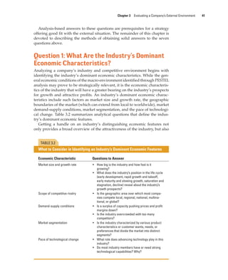 Chapter 3 Evaluating a Company’s External Environment 41
Analysis-based answers to these questions are prerequisites for a strategy
offering good fit with the external situation. The remainder of this chapter is
devoted to describing the methods of obtaining solid answers to the seven
questions above.
Question 1: What Are the Industry’s Dominant
Economic Characteristics?
Analyzing a company’s industry and competitive environment begins with
identifying the industry’s dominant economic characteristics. While the gen-
eral economic conditions of the macro-environment identified through PESTEL
analysis may prove to be strategically relevant, it is the economic characteris-
tics of the industry that will have a greater bearing on the industry’s prospects
for growth and attractive profits. An industry’s dominant economic charac-
teristics include such factors as market size and growth rate, the geographic
boundaries of the market (which can extend from local to worldwide), market
demand-supply conditions, market segmentation, and the pace of technologi-
cal change. Table 3.2 summarizes analytical questions that define the indus-
try’s dominant economic features.
Getting a handle on an industry’s distinguishing economic features not
only provides a broad overview of the attractiveness of the industry, but also
Economic Characteristic Questions to Answer
Market size and growth rate • How big is the industry and how fast is it
growing?
• What does the industry’s position in the life cycle
(early development, rapid growth and takeoff,
early maturity and slowing growth, saturation and
stagnation, decline) reveal about the industry’s
growth prospects?
Scope of competitive rivalry • Is the geographic area over which most compa-
nies compete local, regional, national, multina-
tional, or global?
Demand-supply conditions • Is a surplus of capacity pushing prices and profit
margins down?
• Is the industry overcrowded with too many
competitors?
Market segmentation • Is the industry characterized by various product
characteristics or customer wants, needs, or
preferences that divide the market into distinct
segments?
Pace of technological change • What role does advancing technology play in this
industry?
• Do most industry members have or need strong
technological capabilities? Why?
TABLE 3.2
What to Consider in Identifying an Industry’s Dominant Economic Features
gam12893_ch03_037-067.indd 41
gam12893_ch03_037-067.indd 41 11/14/13 11:19 AM
11/14/13 11:19 AM
Final PDF to printer
 