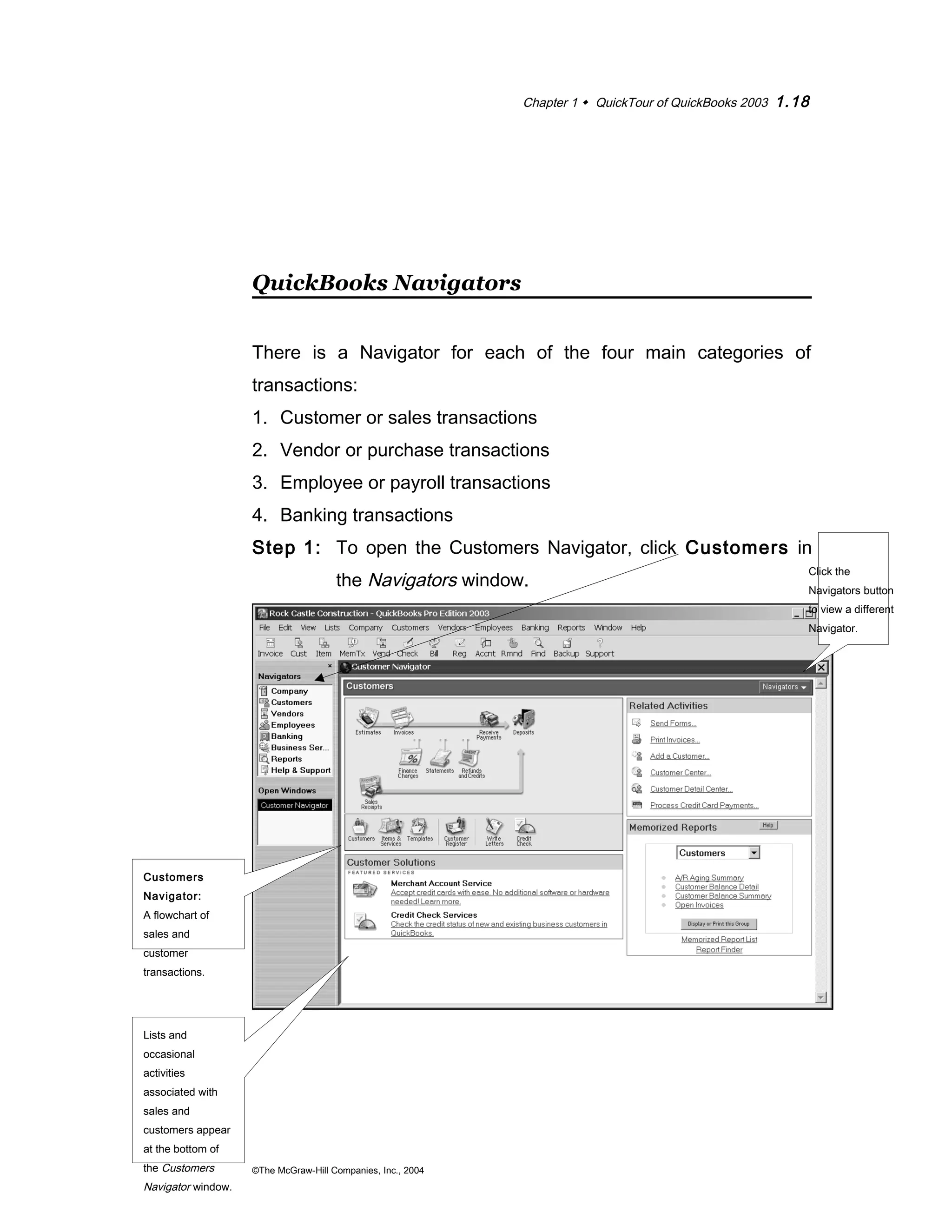 Chapter 1  QuickTour of QuickBooks 2003 1.18 
QuickBooks Navigators 
There is a Navigator for each of the four main categories of 
transactions: 
1. Customer or sales transactions 
2. Vendor or purchase transactions 
3. Employee or payroll transactions 
4. Banking transactions 
Step 1: To open the Customers Navigator, click Customers in 
the Navigators window. 
©The McGraw-Hill Companies, Inc., 2004 
Customers 
Navigator: 
A flowchart of 
sales and 
customer 
transactions. 
Lists and 
occasional 
activities 
associated with 
sales and 
customers appear 
at the bottom of 
the Customers 
Navigator window. 
Click the 
Navigators button 
to view a different 
Navigator. 
 