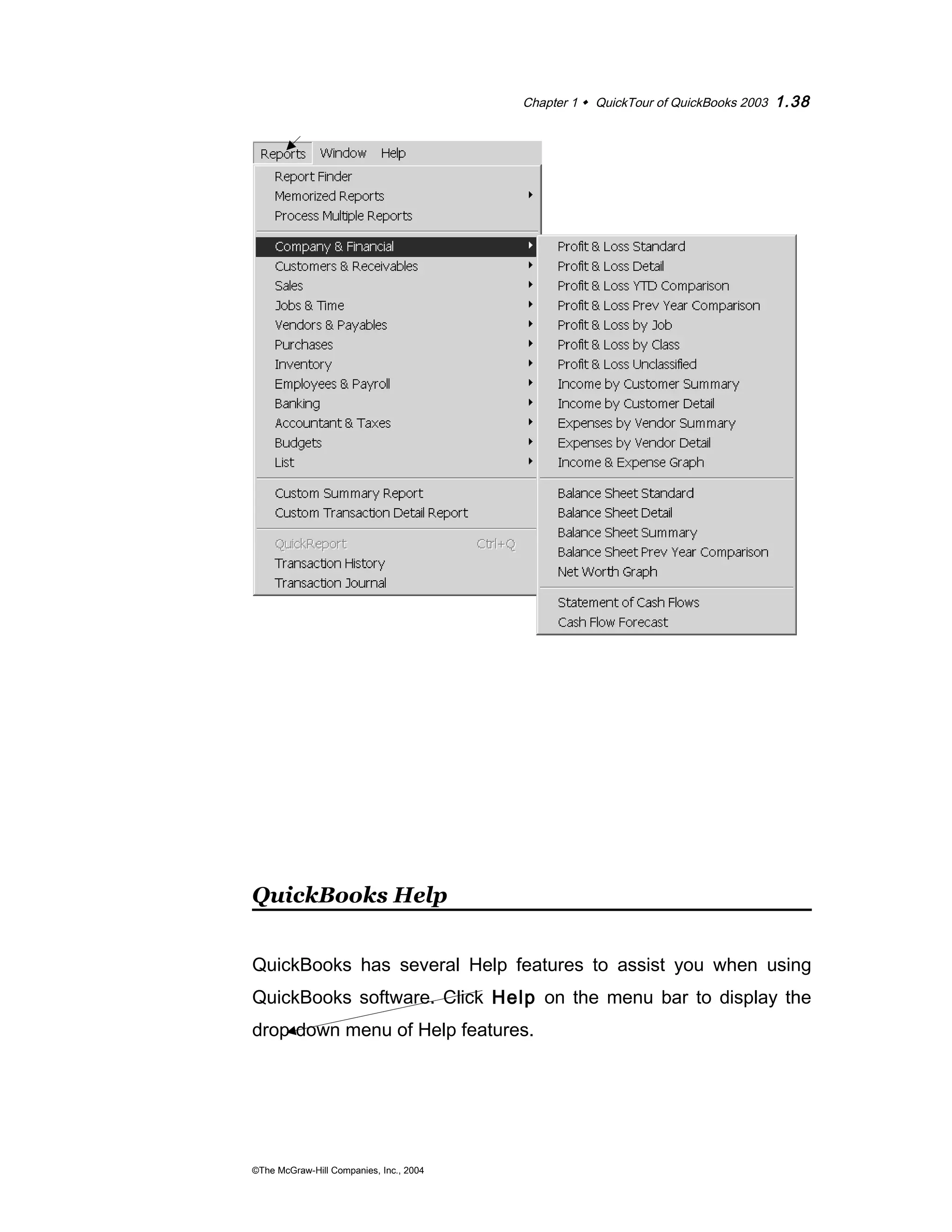 Chapter 1  QuickTour of QuickBooks 2003 1.38 
QuickBooks Help 
QuickBooks has several Help features to assist you when using 
QuickBooks software. Click Help on the menu bar to display the 
drop-down menu of Help features. 
©The McGraw-Hill Companies, Inc., 2004 
 
