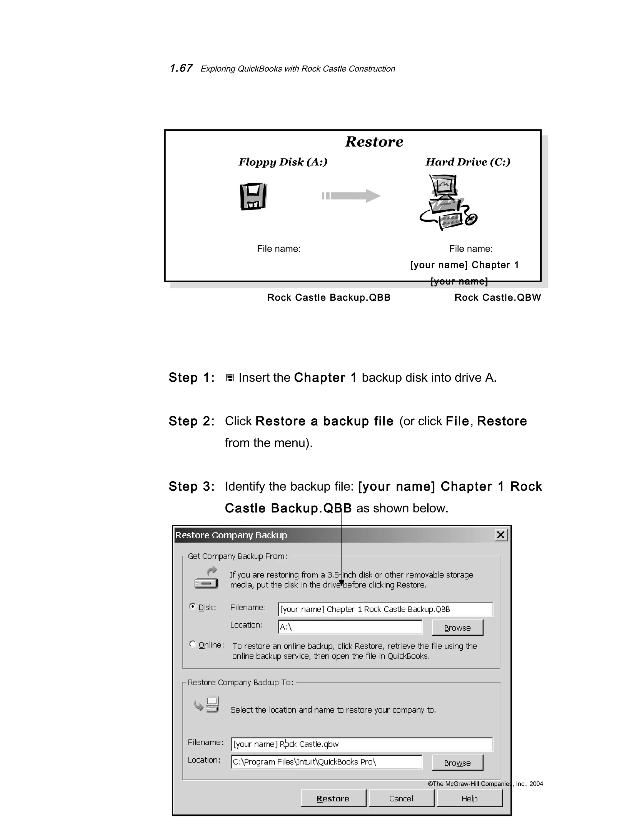 1.67 Exploring QuickBooks with Rock Castle Construction 
Restore 
Floppy Disk (A:) Hard Drive (C:) 
File name: File name: 
[your name] Chapter 1 
[your name] 
Rock Castle Backup.QBB Rock Castle.QBW 
Step 1:  Insert the Chapter 1 backup disk into drive A. 
Step 2: Click Restore a backup file (or click File, Restore 
from the menu). 
Step 3: Identify the backup file: [your name] Chapter 1 Rock 
Castle Backup.QBB as shown below. 
©The McGraw-Hill Companies, Inc., 2004 
 