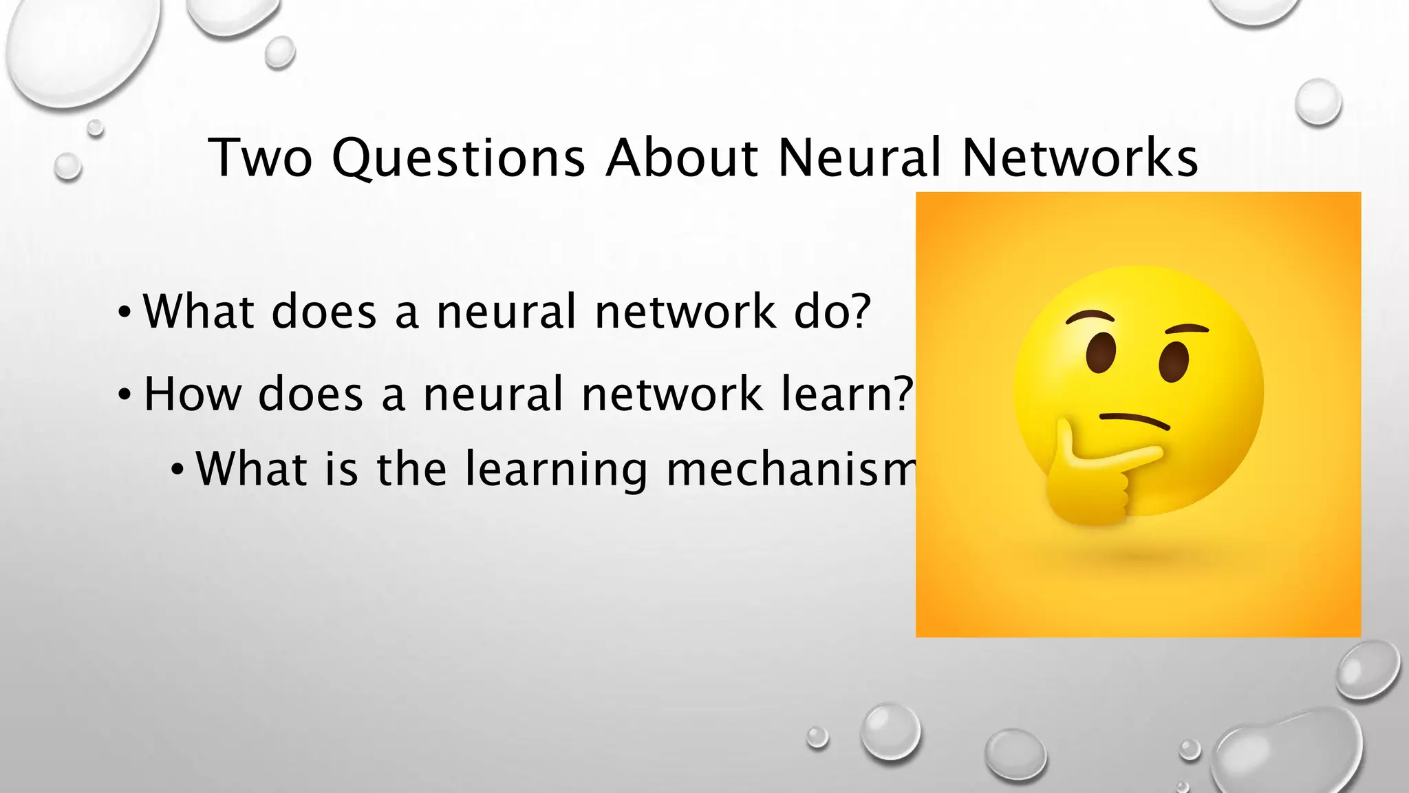Two Questions About Neural Networks
• What does a neural network do?
• How does a neural network learn?
• What is the learning mechanism?
 
