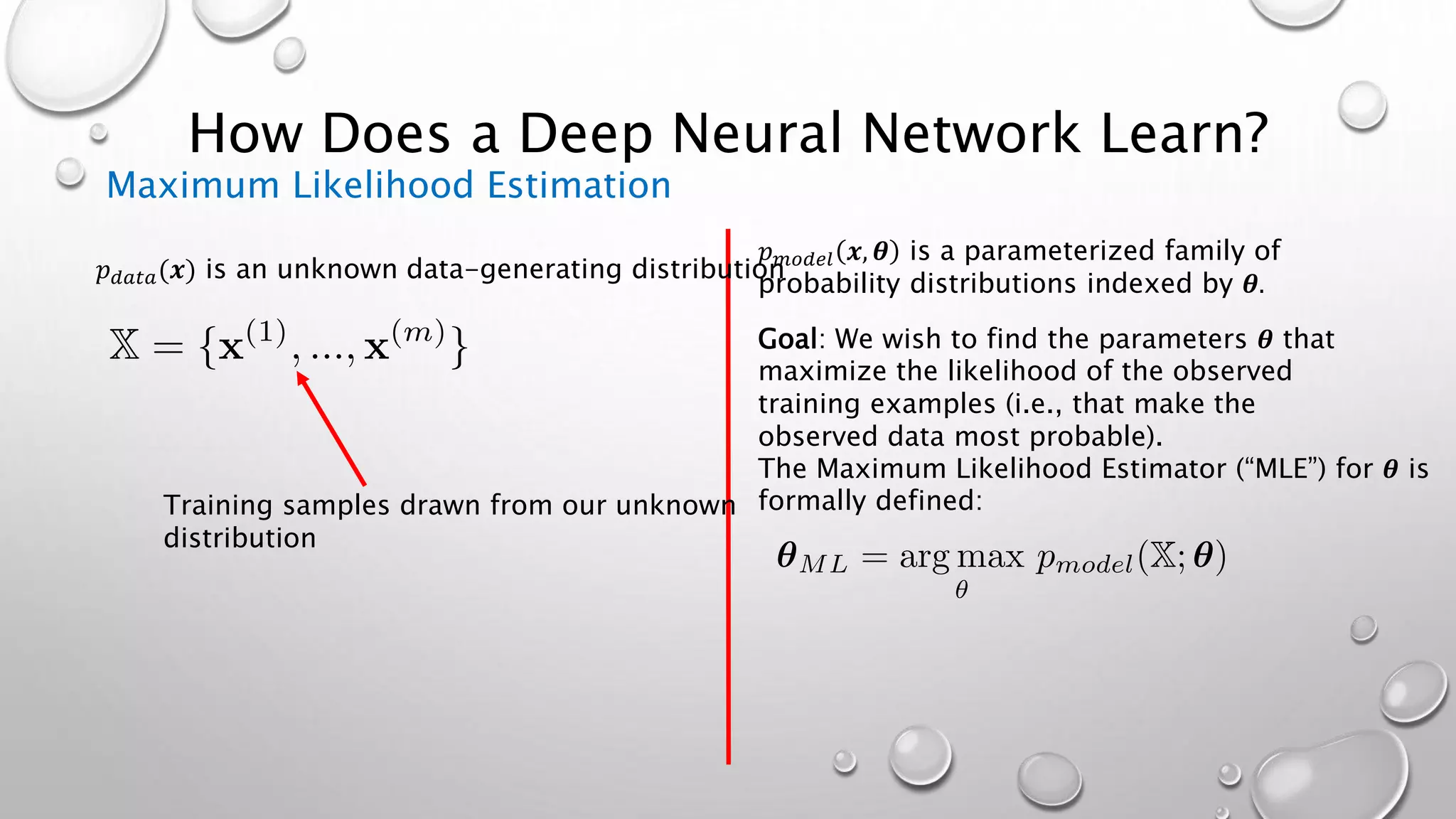 How Does a Deep Neural Network Learn?
Maximum Likelihood Estimation
𝑝 𝑑𝑎𝑡𝑎(𝒙) is an unknown data-generating distribution
Training samples drawn from our unknown
distribution
𝑝 𝑚𝑜𝑑𝑒𝑙 𝒙, 𝜽 is a parameterized family of
probability distributions indexed by 𝜽.
Goal: We wish to find the parameters 𝜽 that
maximize the likelihood of the observed
training examples (i.e., that make the
observed data most probable).
The Maximum Likelihood Estimator (“MLE”) for 𝜽 is
formally defined:
 