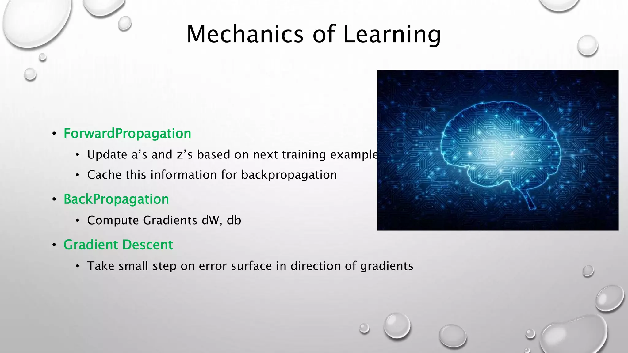 Mechanics of Learning
• ForwardPropagation
• Update a’s and z’s based on next training example
• Cache this information for backpropagation
• BackPropagation
• Compute Gradients dW, db
• Gradient Descent
• Take small step on error surface in direction of gradients
 