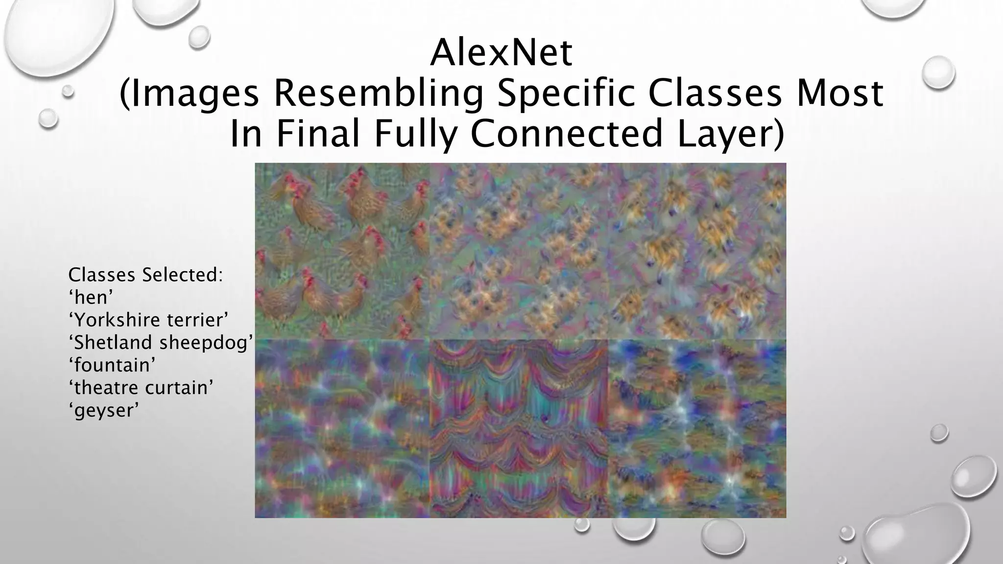 AlexNet
(Images Resembling Specific Classes Most
In Final Fully Connected Layer)
Classes Selected:
‘hen’
‘Yorkshire terrier’
‘Shetland sheepdog’
‘fountain’
‘theatre curtain’
‘geyser’
 