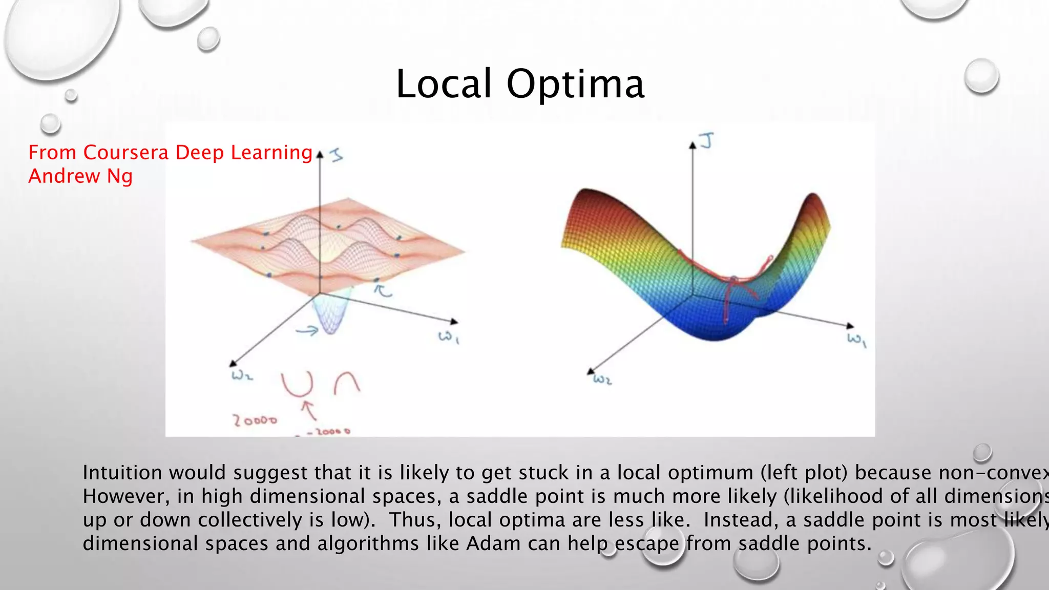 Local Optima
Intuition would suggest that it is likely to get stuck in a local optimum (left plot) because non-convex
However, in high dimensional spaces, a saddle point is much more likely (likelihood of all dimensions
up or down collectively is low). Thus, local optima are less like. Instead, a saddle point is most likely
dimensional spaces and algorithms like Adam can help escape from saddle points.
From Coursera Deep Learning
Andrew Ng
 