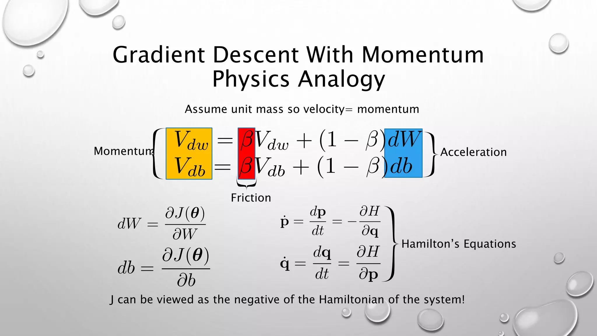 Gradient Descent With Momentum
Physics Analogy
Acceleration
Assume unit mass so velocity= momentum
Momentum
Friction
J can be viewed as the negative of the Hamiltonian of the system!
Hamilton’s Equations
 