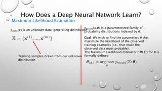 How Does a Deep Neural Network Learn?
Maximum Likelihood Estimation
𝑝 𝑑𝑎𝑡𝑎(𝒙) is an unknown data-generating distribution
Training samples drawn from our unknown
distribution
𝑝 𝑚𝑜𝑑𝑒𝑙 𝒙, 𝜽 is a parameterized family of
probability distributions indexed by 𝜽.
Goal: We wish to find the parameters 𝜽 that
maximize the likelihood of the observed
training examples (i.e., that make the
observed data most probable).
The Maximum Likelihood Estimator (“MLE”) for 𝜽 is
formally defined:
 