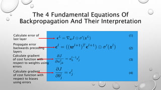 The 4 Fundamental Equations Of
Backpropagation And Their Interpretation
(1)
(2)
(3)
(4)
Calculate error of
last layer
Propagate error
backwards preceding
layers
Calculate gradient
of cost function with
respect to weights using
errors
Calculate gradient
of cost function with
respect to biases
using errors
 