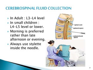  In Adult : L3-L4 level
 In small children :
L4-L5 level or lower.
 Morning is preferred
rather than late
afternoon or evening.
 Always use stylette
inside the needle.
31
 