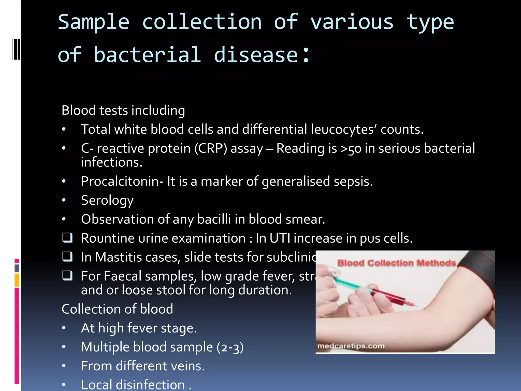 Sample collection of various type
of bacterial disease:
Blood tests including
• Total white blood cells and differential leucocytes’ counts.
• C- reactive protein (CRP) assay – Reading is >50 in serious bacterial
infections.
• Procalcitonin- It is a marker of generalised sepsis.
• Serology
• Observation of any bacilli in blood smear.
 Rountine urine examination : In UTI increase in pus cells.
 In Mastitis cases, slide tests for subclinical mastitis.
 For Faecal samples, low grade fever, straining and stomach cramps
and or loose stool for long duration.
Collection of blood
• At high fever stage.
• Multiple blood sample (2-3)
• From different veins.
• Local disinfection .
 