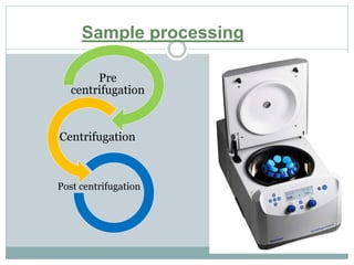 Sample processing
Pre
centrifugation
Centrifugation
Post centrifugation
 