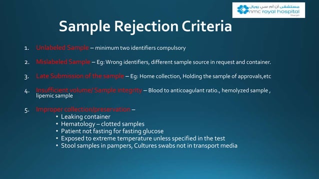 sample collection & rejection .pptx is used in hospital | PPTX | First ...