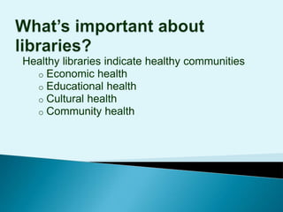 To learn and listen and share opinion, facts, & knowledge to help library board and staff develop a strategic plan Agenda for Meeting4:00 Openers 4:30  Community vision for town5:15 Library landscape5:40 Library tour 6:00 Supper6:30 Library vision7:30 Wrap-up, evaluation, next steps