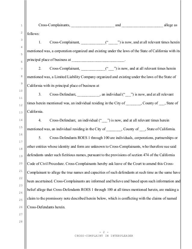 Sample cross complaint in interpleader for California