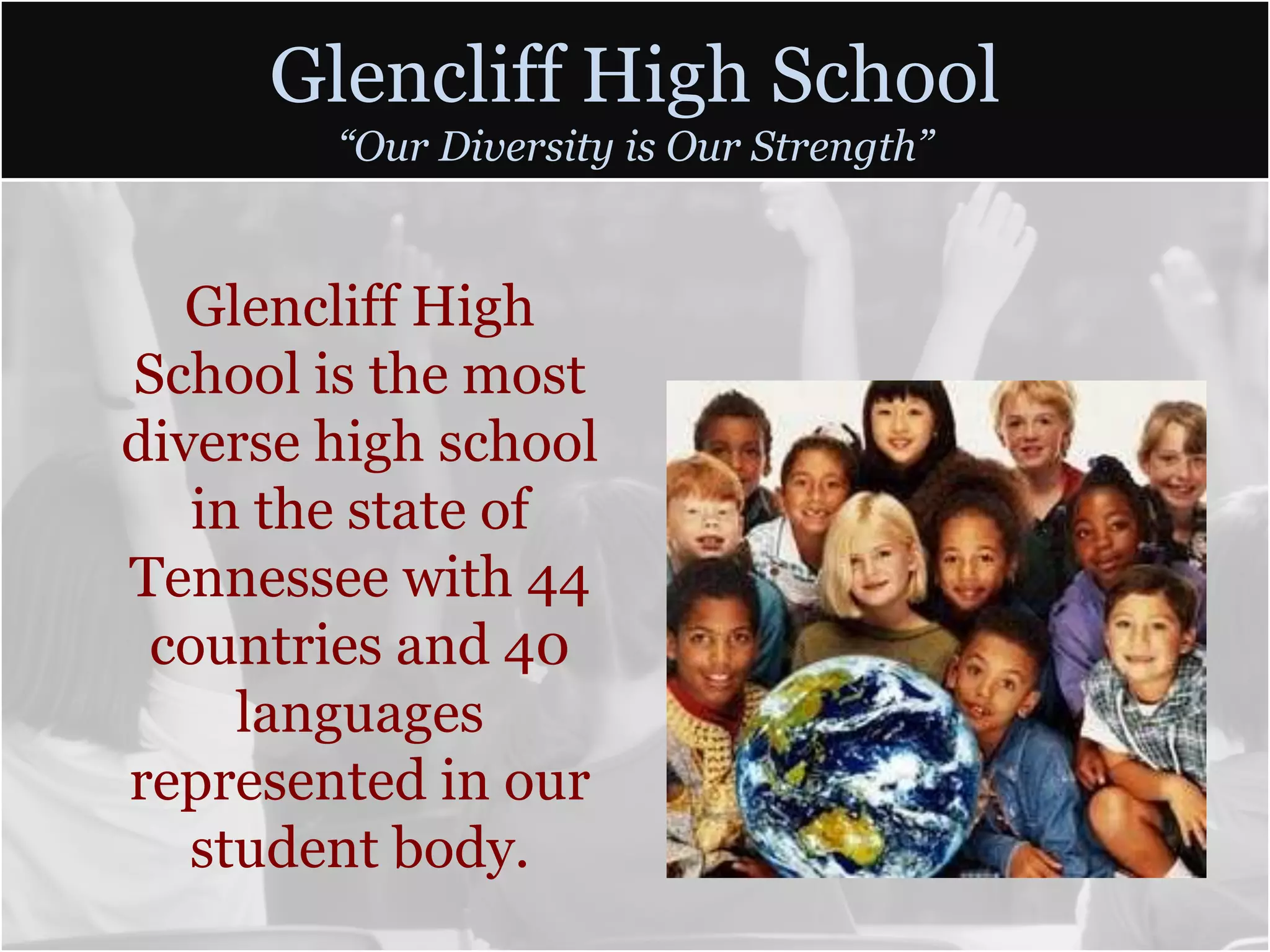 Glencliff High School
        “Our Diversity is Our Strength”


   Glencliff High
School is the most
diverse high school
   in the state of
Tennessee with 44
 countries and 40
     languages
represented in our
   student body.
 